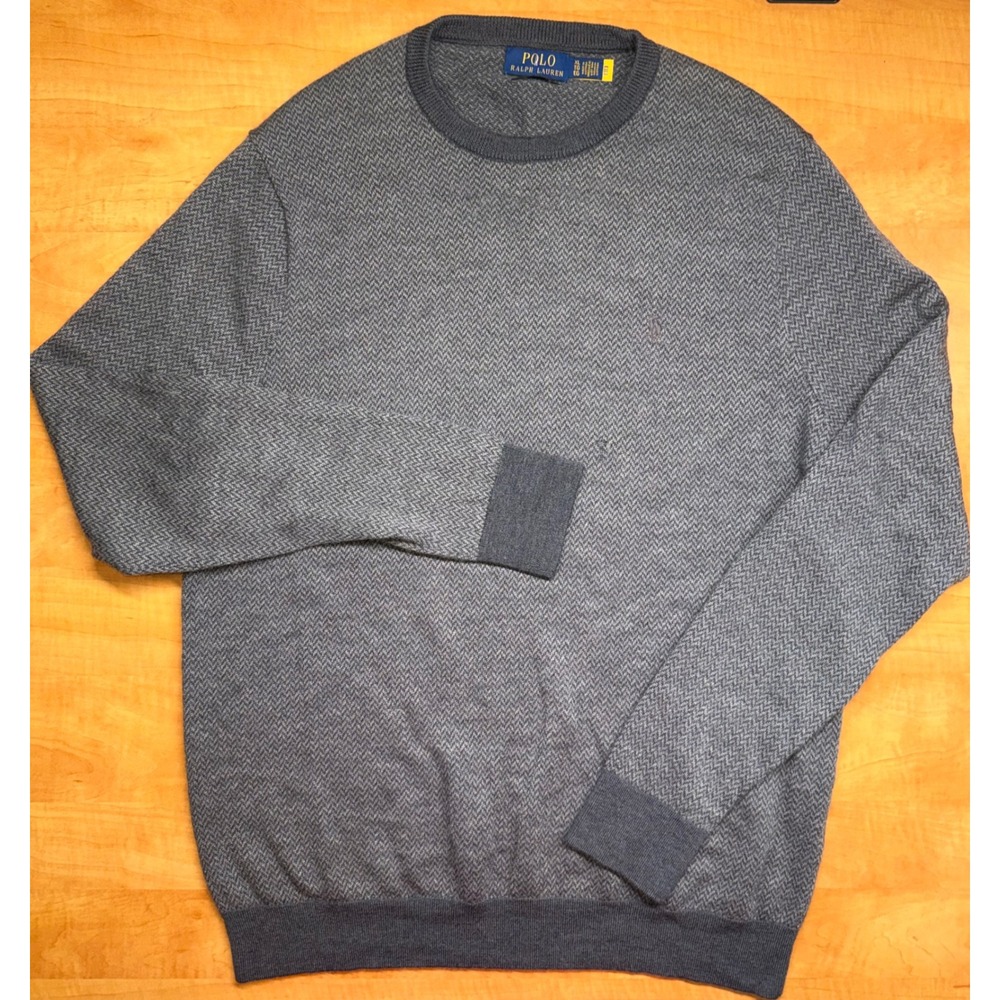 Polo Ralph Lauren Mens XL Grey Herringbone Washable Merino Wool Crewneck Sweater